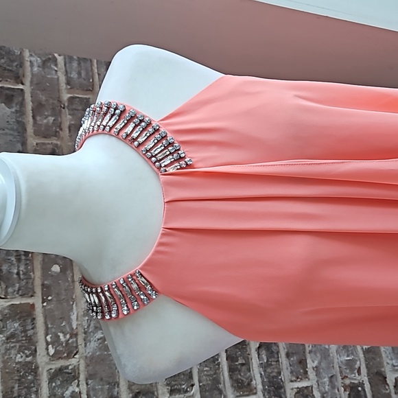 Jessica H Peach Rhinestone Flowy Draped Dress - Picture 2 of 4